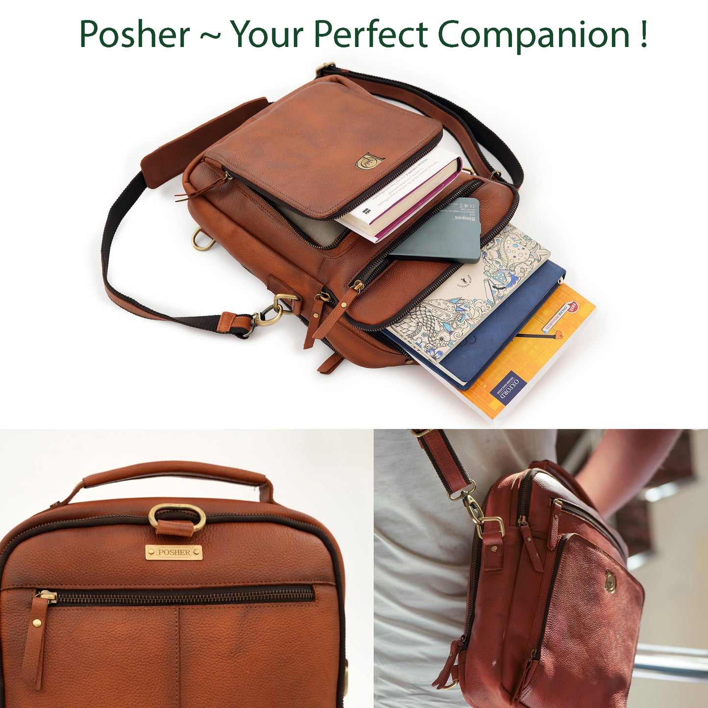 Posher - Premium 13.5 inch tall Genuine Leather Crossbody Sling Bag / Backpack - Carry iPad, Tablets, Small Laptops with style !