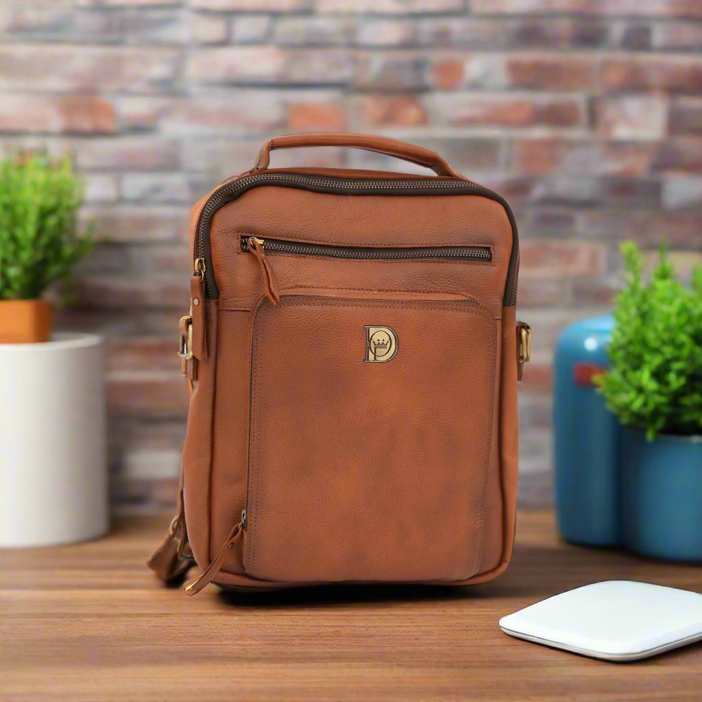 Posher - Premium 13.5 inch tall Genuine Leather Crossbody Sling Bag / Backpack - Carry iPad, Tablets, Small Laptops with style !